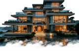 Modern multi-level home with large glass windows and layered terraces at dusk.